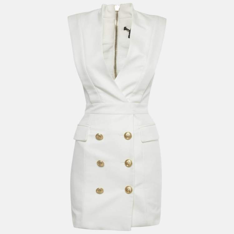 Pre Owned Balmain White Canvas Button Detail Mini Dress S