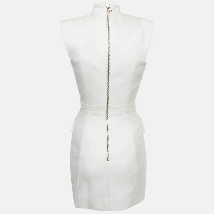 Pre Owned Balmain White Canvas Button Detail Mini Dress S