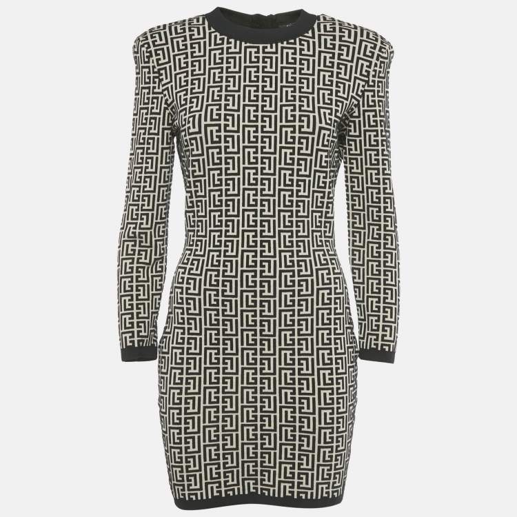 Pre Owned Balmain Beige/Black Monogram Knit Bodycon Dress M