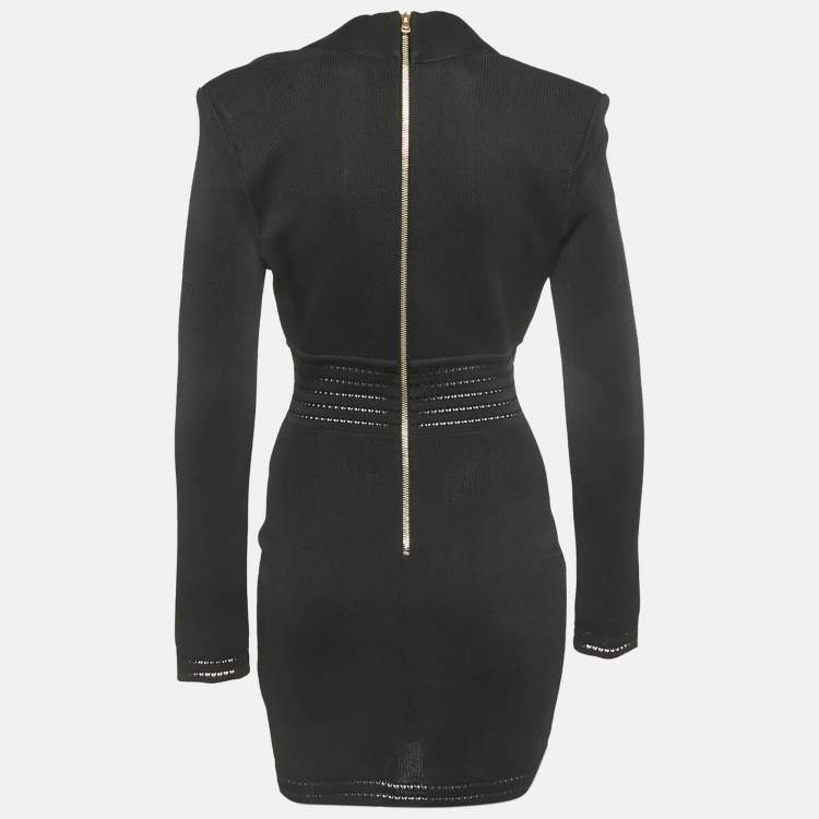 Pre Owned Balmain Black Mesh Knit Button Detail Mini Dress M