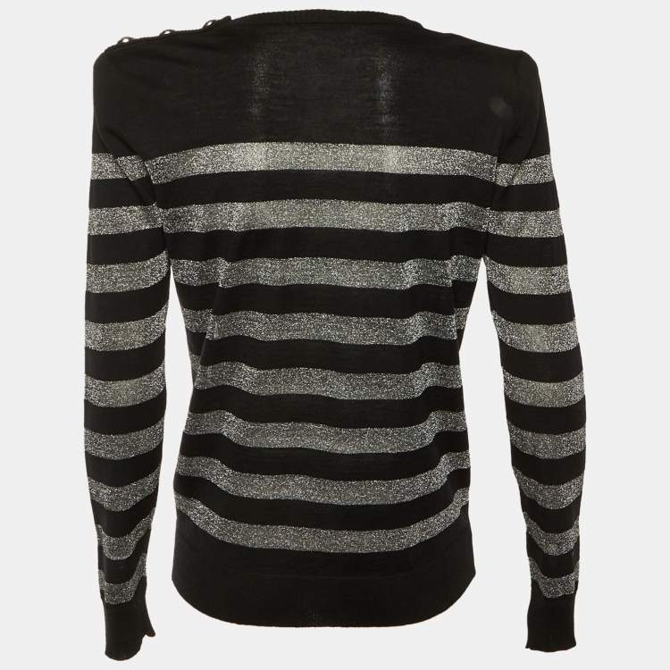 Pre Owned Balmain Black Striped Lurex Wool Structured Shoulder Jumper M