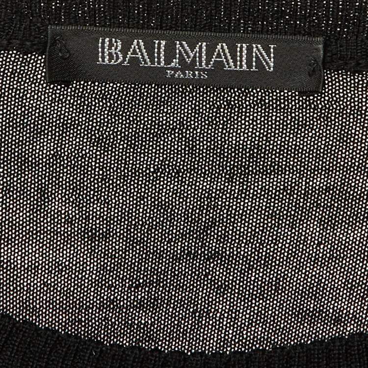Pre Owned Balmain Black Striped Lurex Wool Structured Shoulder Jumper M