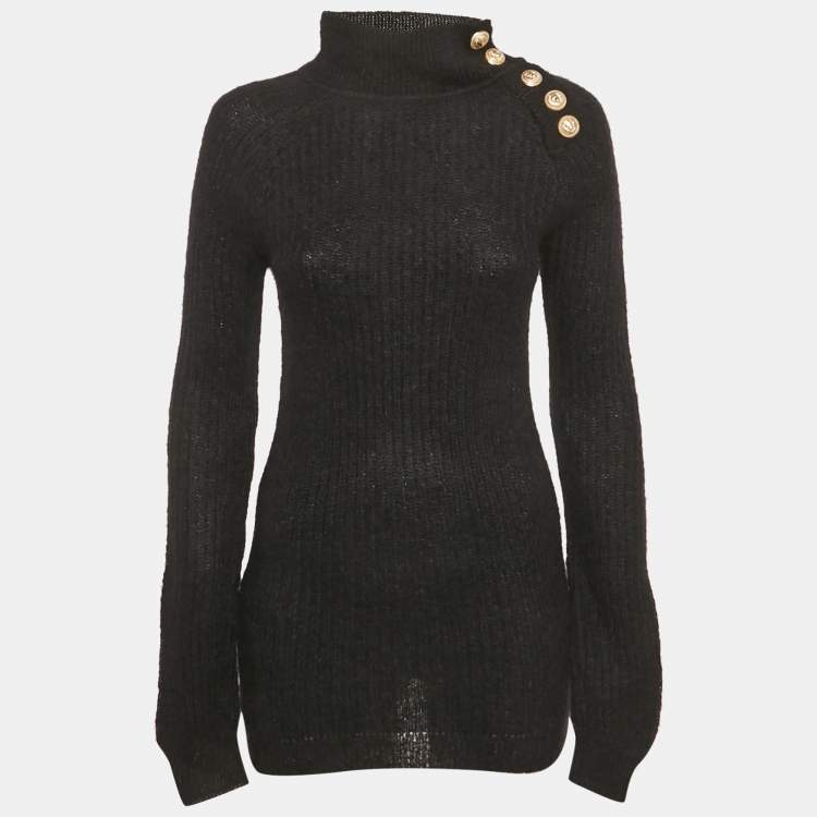 Pre Owned Balmain Black Mohair Rib Knit Button Detail Sweater S