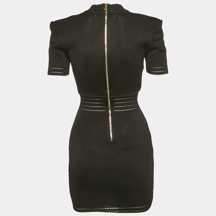 Pre Owned Balmain Black Mesh Jersey Button Detail Bodycon Dress S