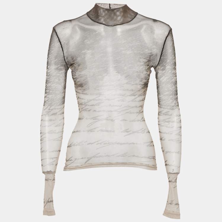 Pre Owned Balmain Beige Love Letter-Print Stretch Mesh Sheer Top S