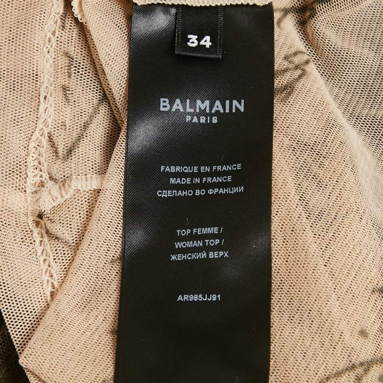 Pre Owned Balmain Beige Love Letter-Print Stretch Mesh Sheer Top S