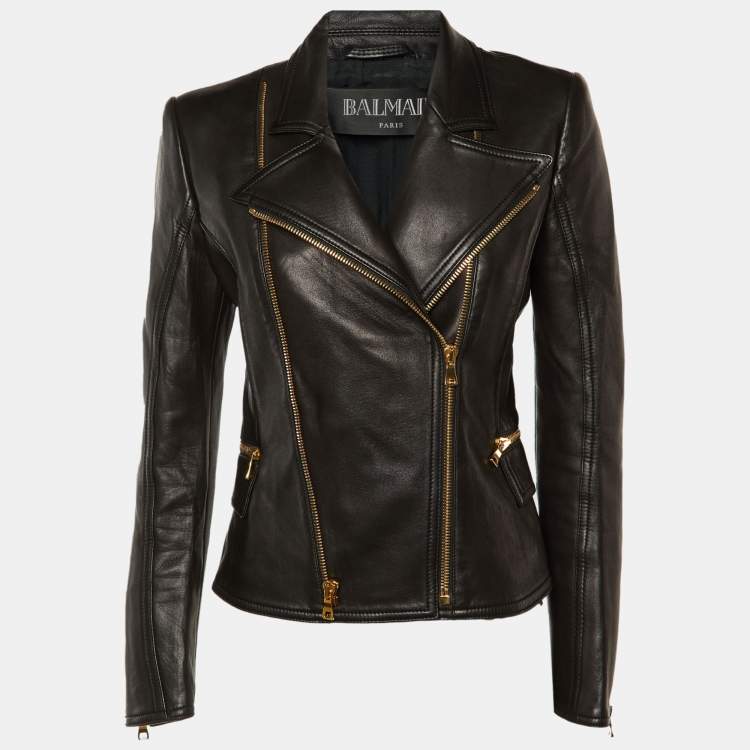 Pre Owned Balmain Black Leather Biker Jacket M