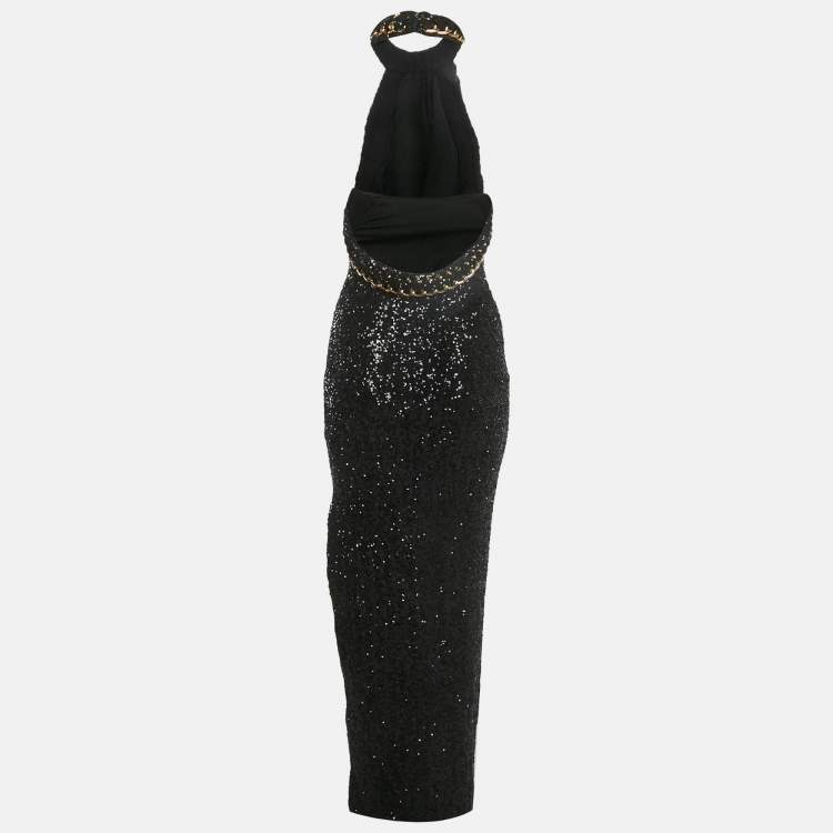 Pre Owned Balmain Black Sequin Chain Detail Halter Neck Maxi Dress M