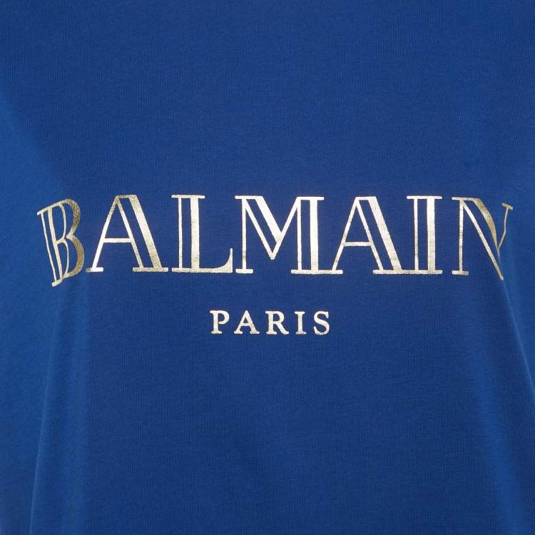 Pre Owned Balmain Blue Logo Print Cotton Tank Top M