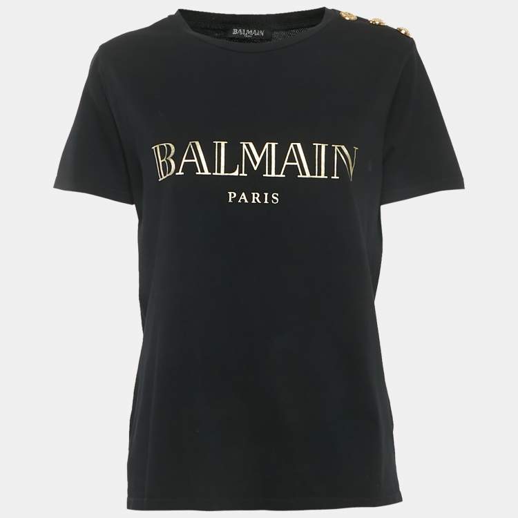 Pre Owned Balmain Black Logo Print Jersey Button Detail T-Shirt M