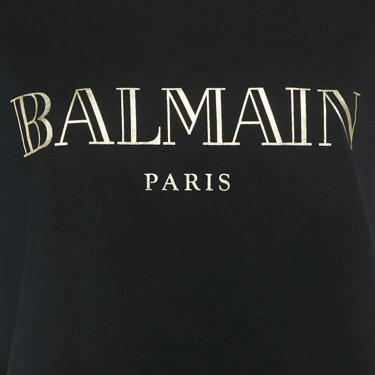 Pre Owned Balmain Black Logo Print Jersey Button Detail T-Shirt M