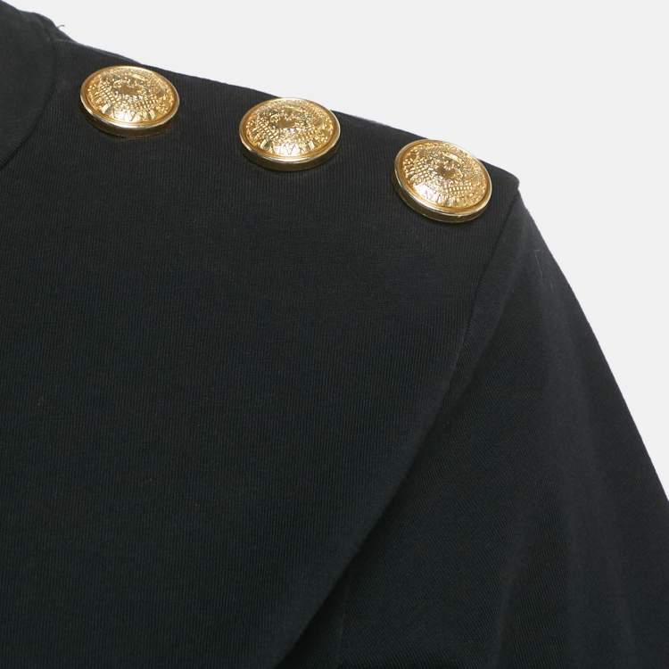 Pre Owned Balmain Black Logo Print Jersey Button Detail T-Shirt M