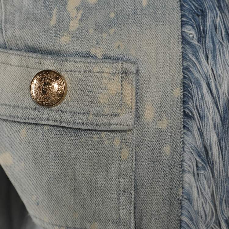 Pre Owned Balmain Blue Bleached Denim Fringe-Trimmed Jacket S