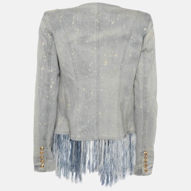 Pre Owned Balmain Blue Bleached Denim Fringe-Trimmed Jacket S