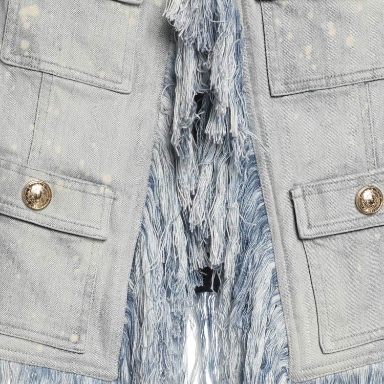 Pre Owned Balmain Blue Bleached Denim Fringe-Trimmed Jacket S