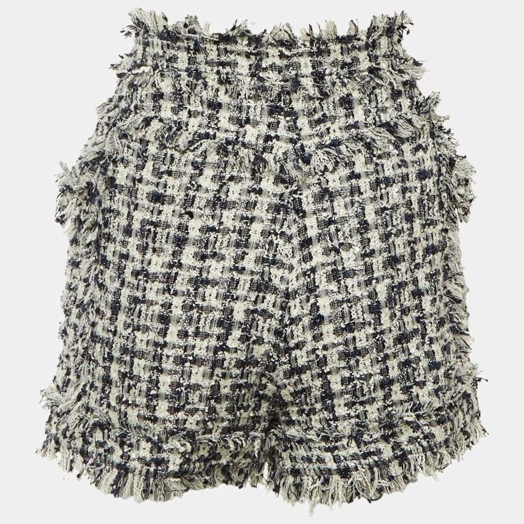 Pre Owned Balmain Navy Blue /White Tweed Frayed Hem Shorts M