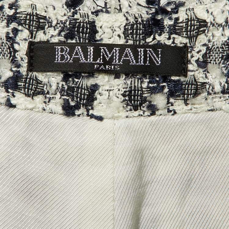 Pre Owned Balmain Navy Blue /White Tweed Frayed Hem Shorts M