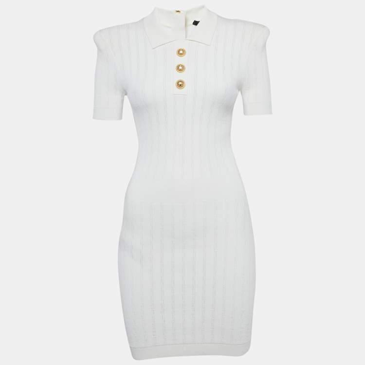 Pre Owned Balmain White Rib Knit Collared Mini Dress M