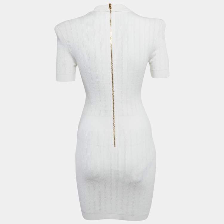 Pre Owned Balmain White Rib Knit Collared Mini Dress M