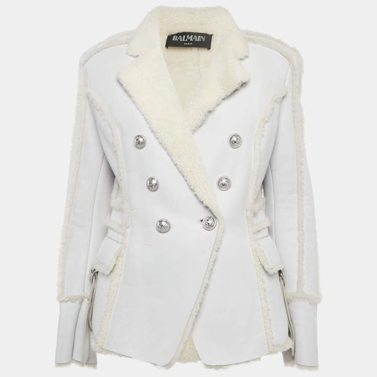 مملوكة مسبقًا Balmain Light Blue Lambskin Real Fur Double Breasted Coat M