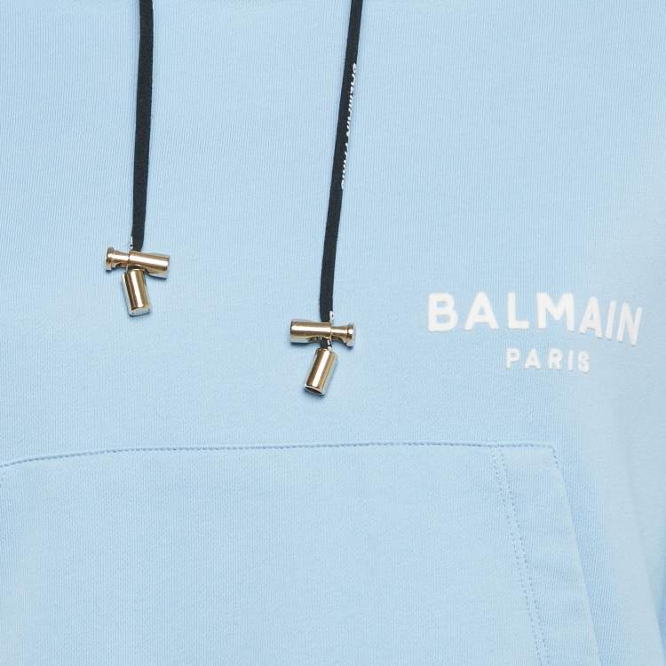 Pre Owned Balmain Blue Logo Print Cotton Hooded Sweatshirt L