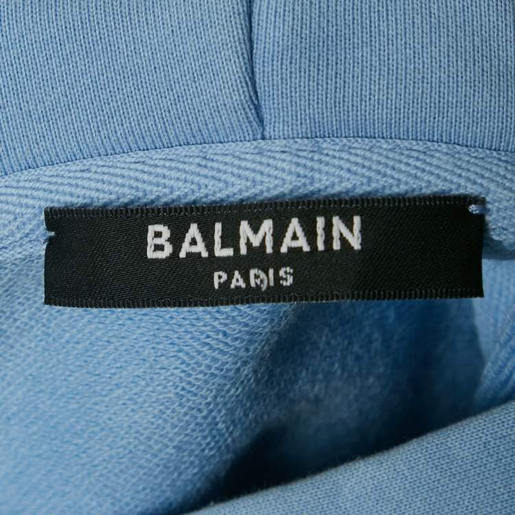 Pre Owned Balmain Blue Logo Print Cotton Hooded Sweatshirt L