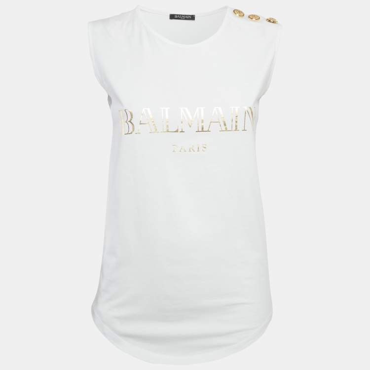 Pre Owned Balmain White Logo Print Jersey Sleeveless T-Shirt S