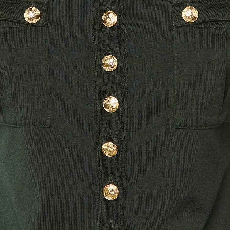 Pre Owned Balmain Green Cotton Button Detail Long Sleeve Top M