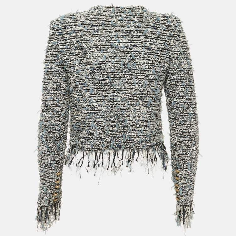 Pre Owned Balmain Blue Tweed Fringed Cropped Jacket M