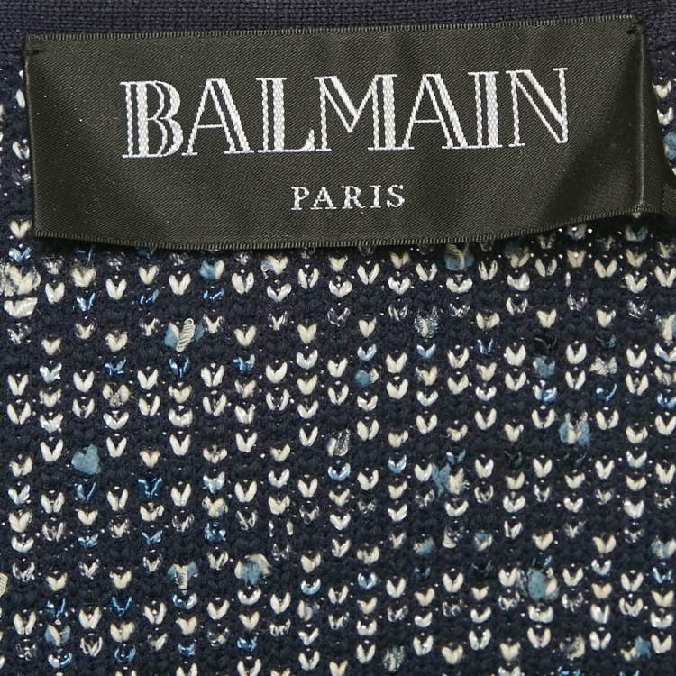 Pre Owned Balmain Blue Tweed Fringed Cropped Jacket M