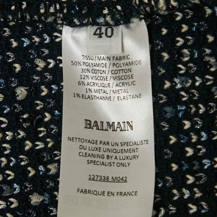 Pre Owned Balmain Blue Tweed Fringed Cropped Jacket M