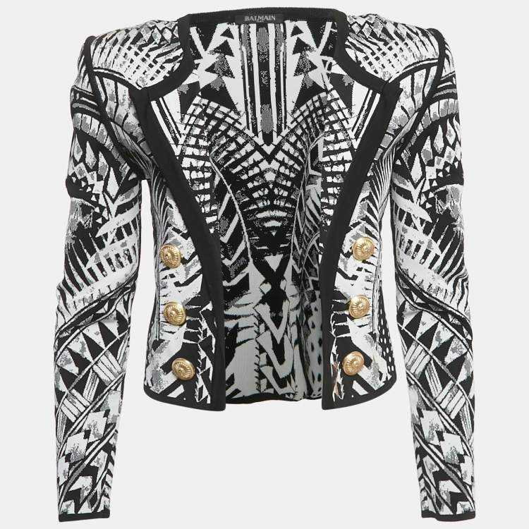 Pre Owned Balmain Monochrome Folkloric Patterned Jacquard Open Front Blazer M