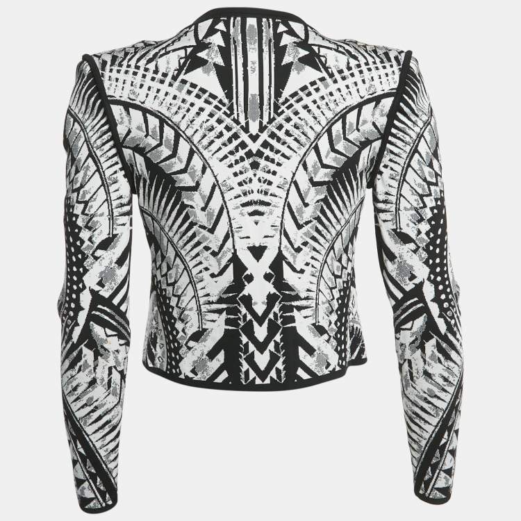 Pre Owned Balmain Monochrome Folkloric Patterned Jacquard Open Front Blazer M