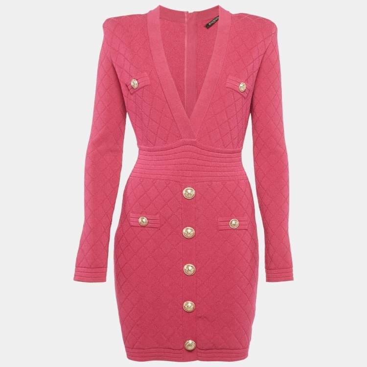 مملوكة مسبقًا Balmain Pink Jacquard Knit Button Detail Mini Dress M