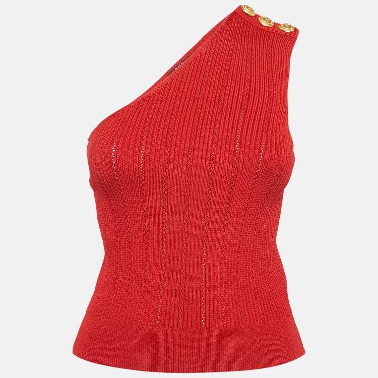 Pre Owned Balmain Red Pointelle Knit One-Shoulder Top S