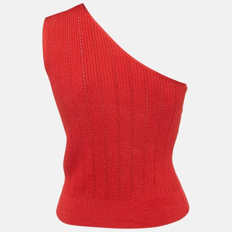 Pre Owned Balmain Red Pointelle Knit One-Shoulder Top S
