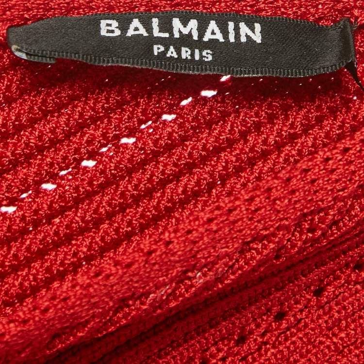 Pre Owned Balmain Red Pointelle Knit One-Shoulder Top S