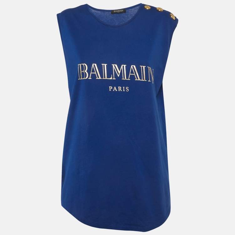 Pre Owned Balmain Blue Logo Print Cotton Shoulder Button Detail Top L