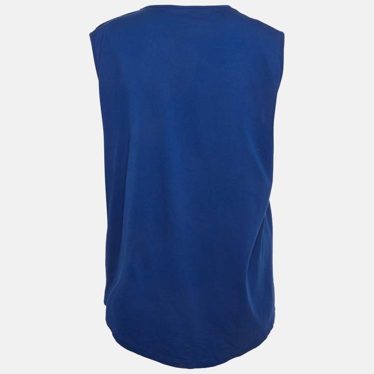 Pre Owned Balmain Blue Logo Print Cotton Shoulder Button Detail Top L