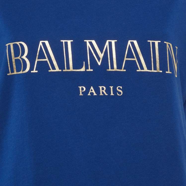 Pre Owned Balmain Blue Logo Print Cotton Shoulder Button Detail Top L