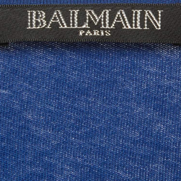 Pre Owned Balmain Blue Logo Print Cotton Shoulder Button Detail Top L