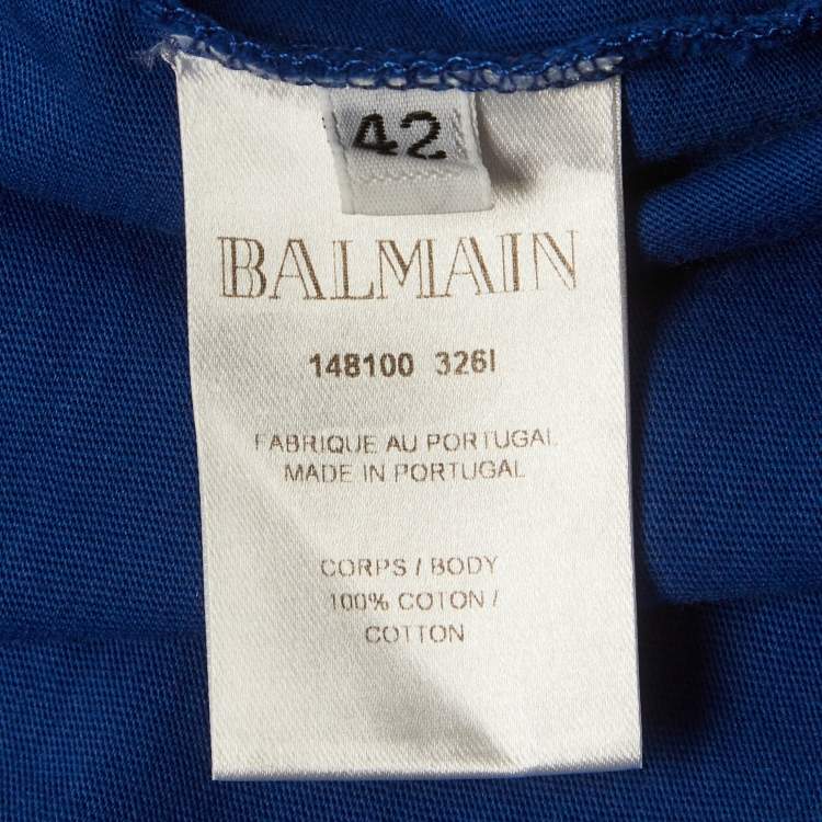 Pre Owned Balmain Blue Logo Print Cotton Shoulder Button Detail Top L