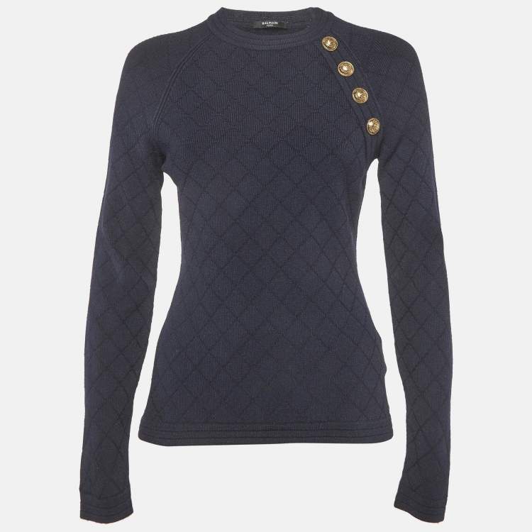 Pre Owned Balmain Navy Blue Stretch Knit Sweatshirt M