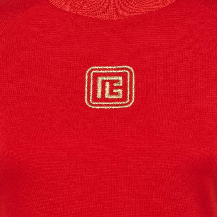 Pre Owned Balmain Red Logo Embroidered Jersey Top M