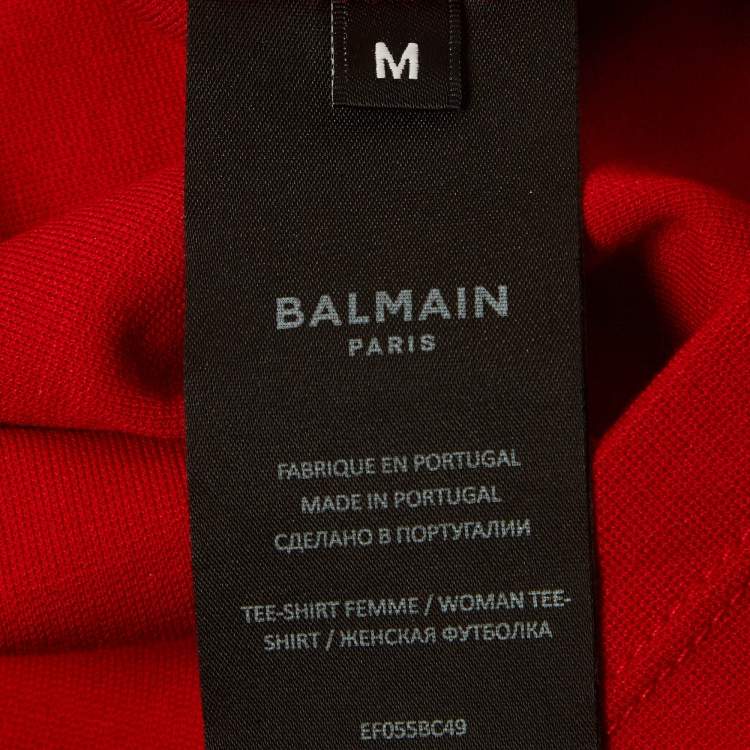 Pre Owned Balmain Red Logo Embroidered Jersey Top M
