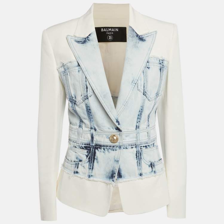 Pre Owned Balmain White/Blue Denim & Crepe Hybrid Blazer M