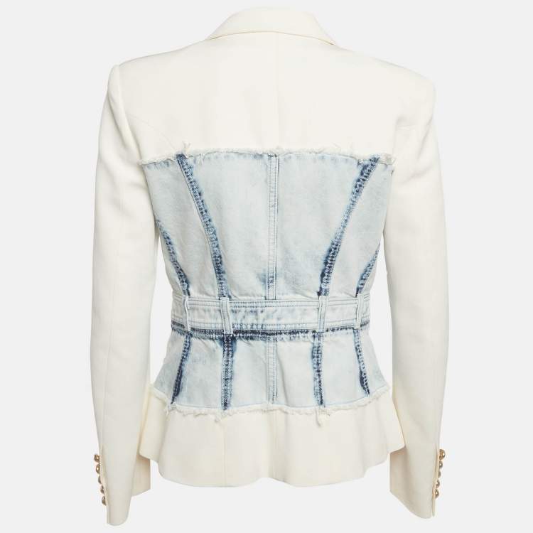 Pre Owned Balmain White/Blue Denim & Crepe Hybrid Blazer M