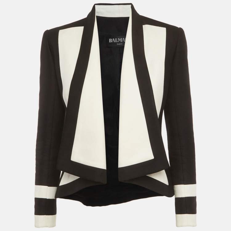 Pre Owned Balmain Black/White Wool Blend Two-Tone Open-Front Jacket M