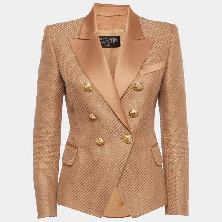 Pre Owned Balmain Beige Textured Cotton & Silk Double Breasted Blazer M