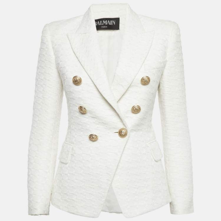 Pre Owned Balmain Off-White Tweed Double Breasted Blazer S